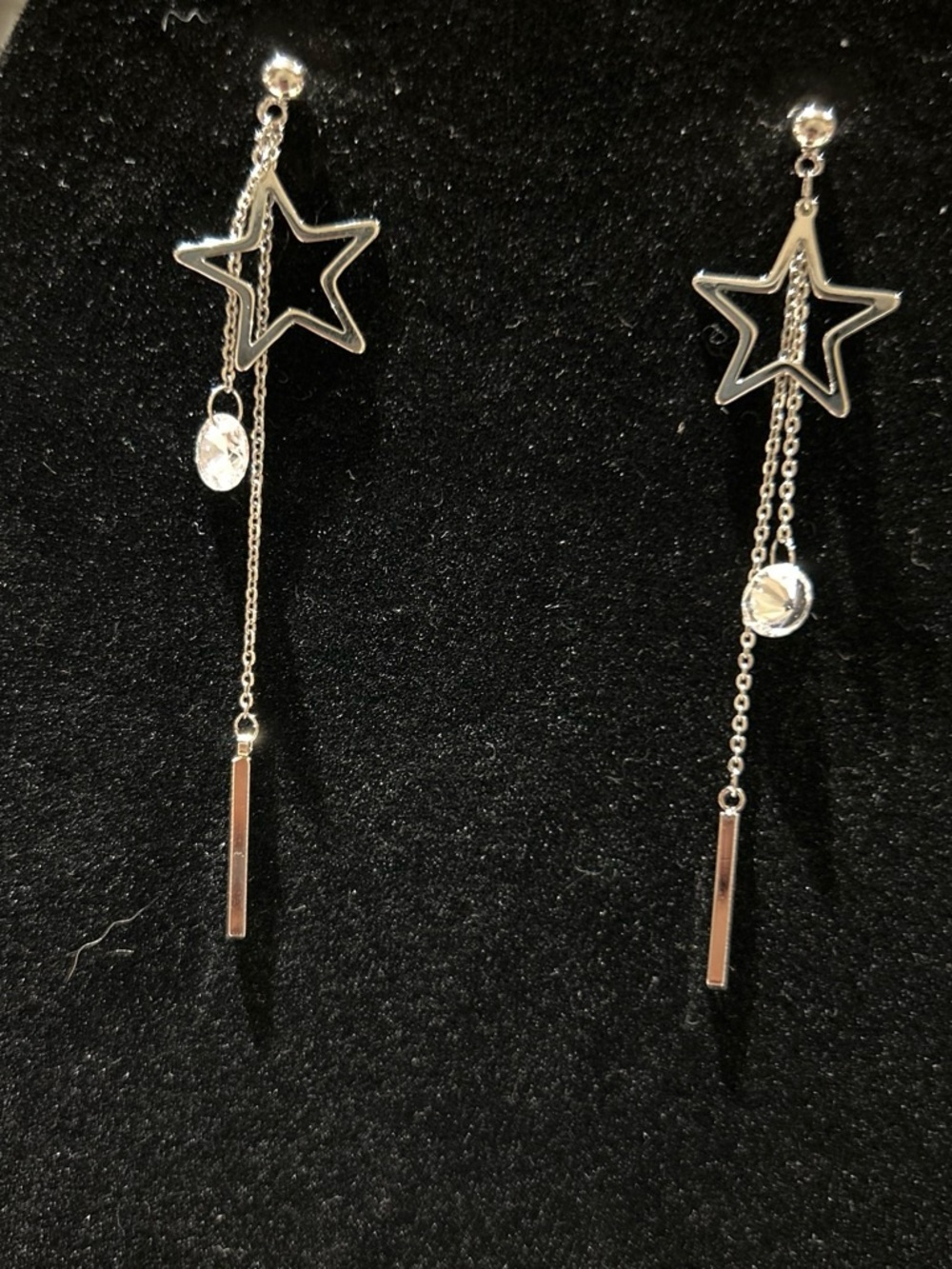 Silver color Star Drop Earrings with Chain and Crystal Accent